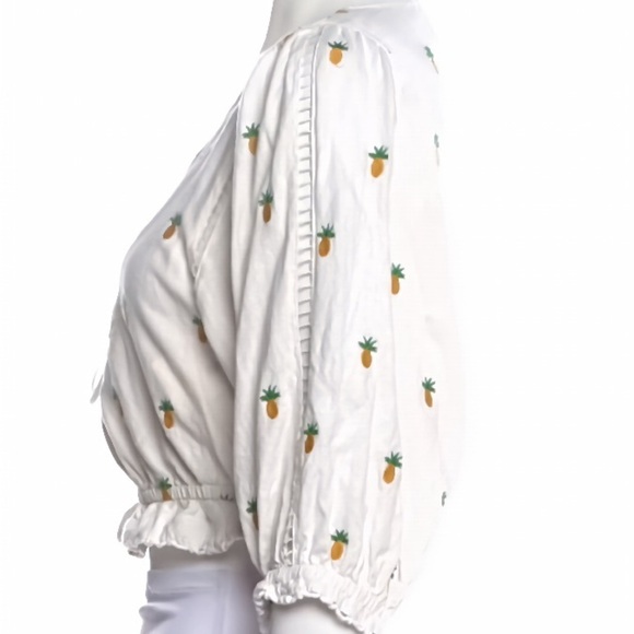 Farm Rio Crop Top Pineapple Embroidered Blouse – Beaded Linen Blend – Size Small - Picture 2 of 13